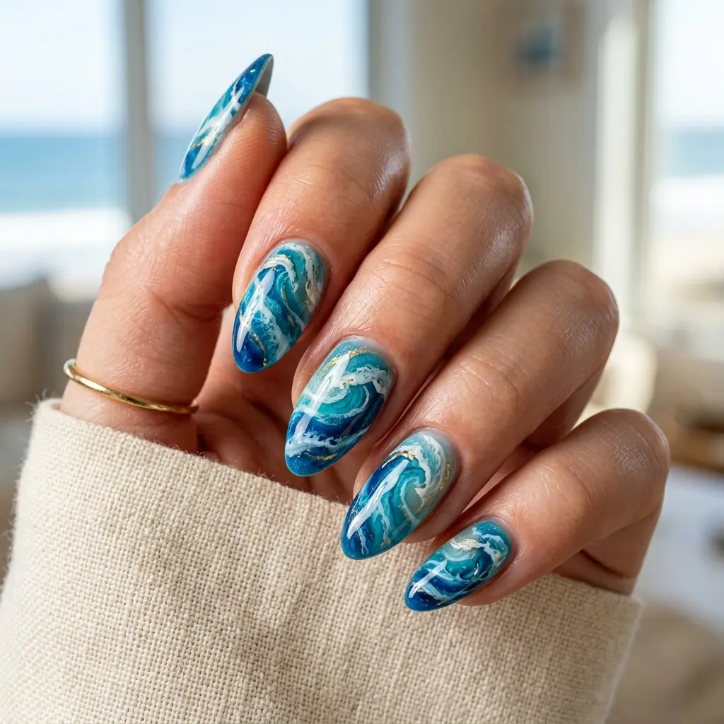 23 Blue Ocean Nails Ideas That Bring Coastal Vibes to Your Manicure 10 Ocean Texture Blue Nails