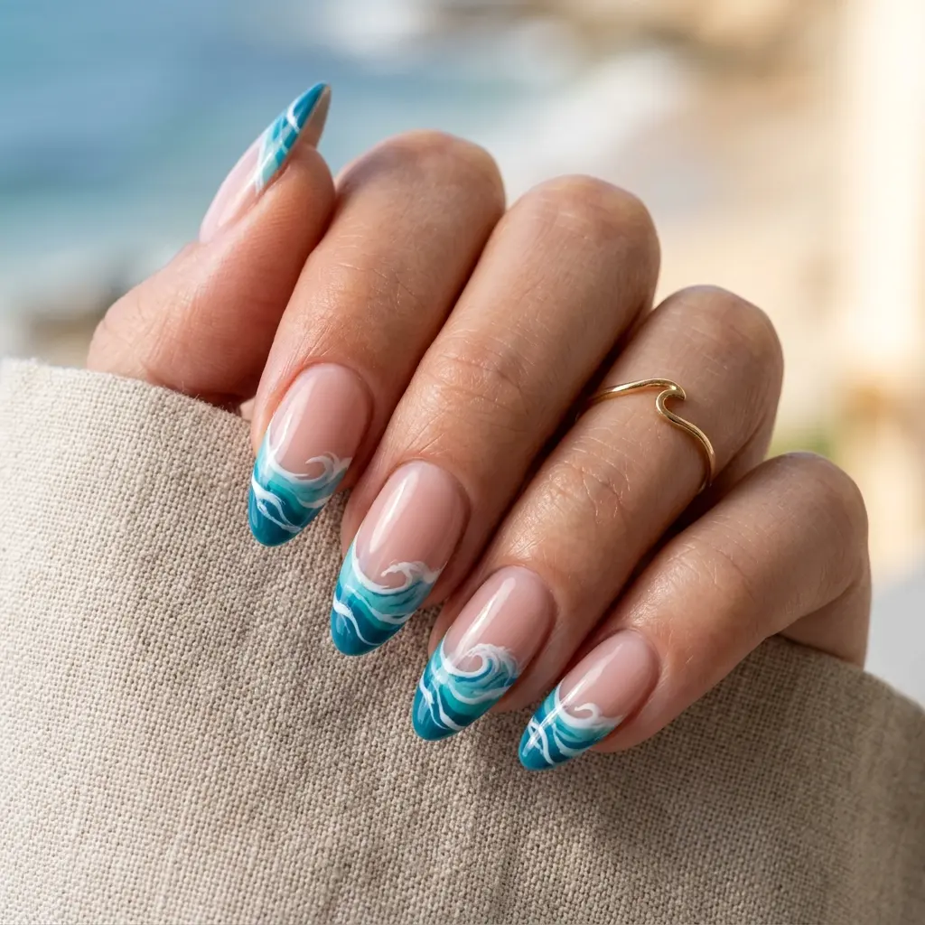 23 Blue Ocean Nails Ideas That Bring Coastal Vibes to Your Manicure 2 Ocean Wave French Tips