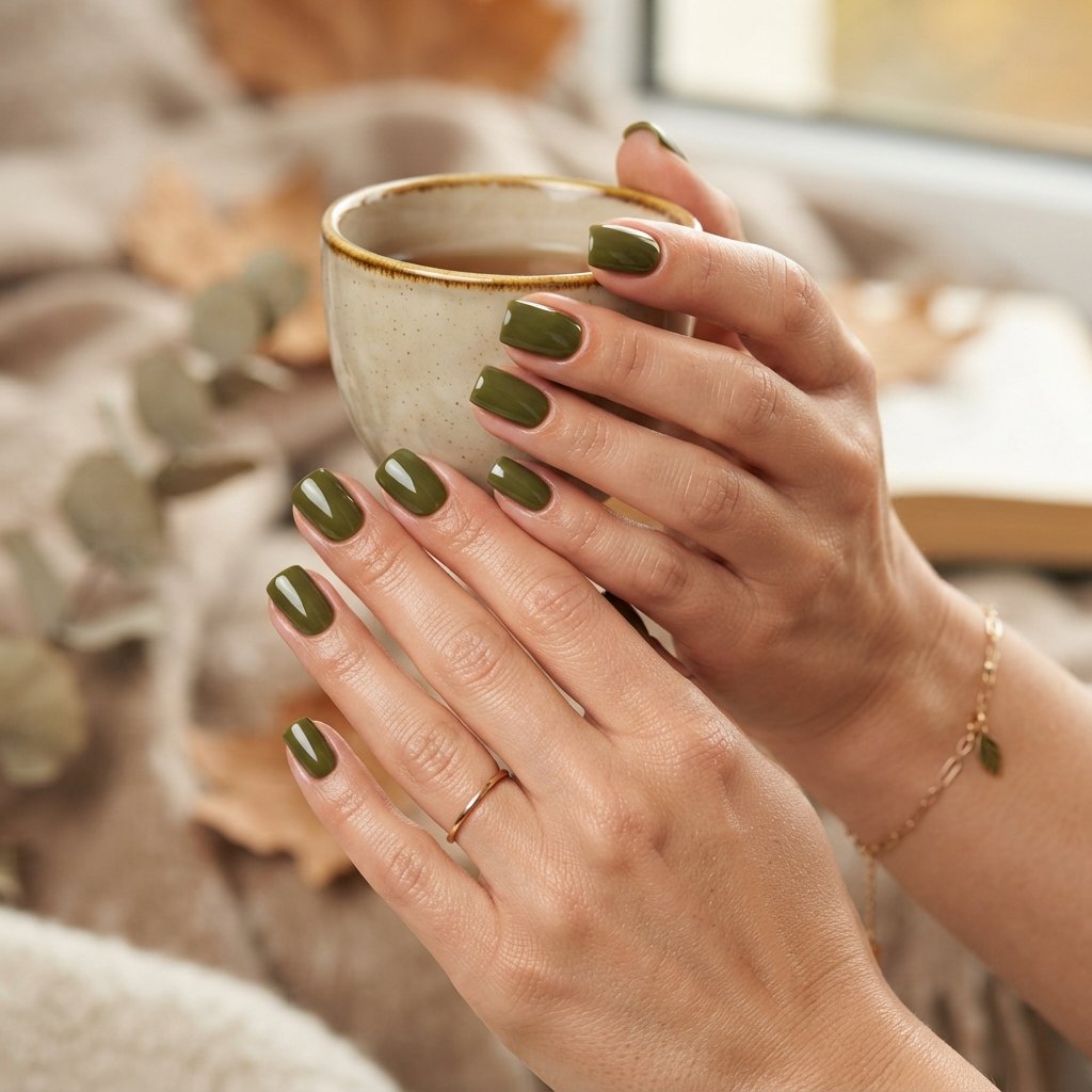 19 Short Square September Nail Designs That Look So Chic 3 Olive Green Polish