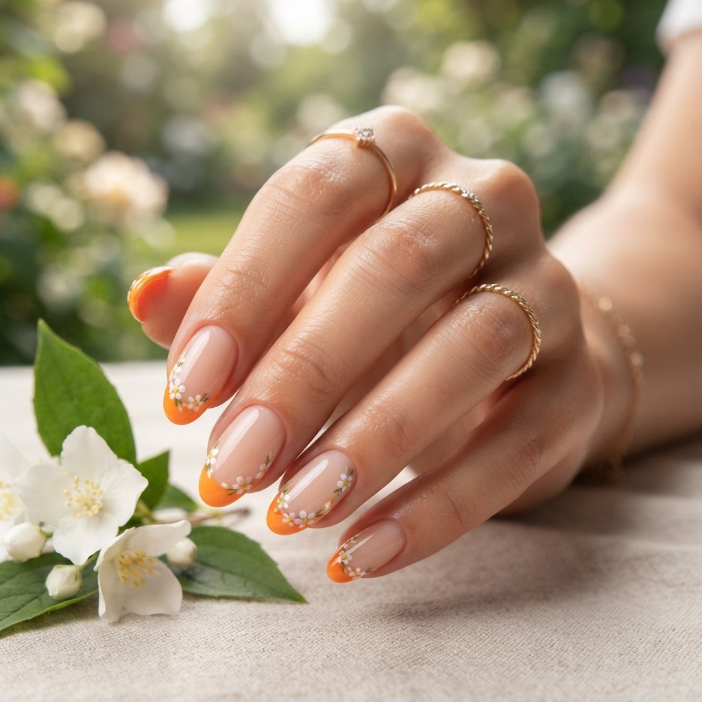 19 Orange Nails With Flowers Revealing Beautiful Floral Art Ideas 4 Orange French Tips with Flowers