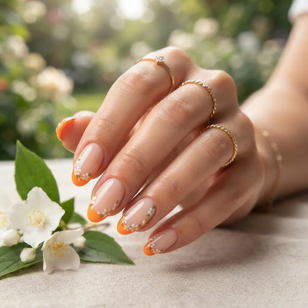 Orange French Tips with Flowers
