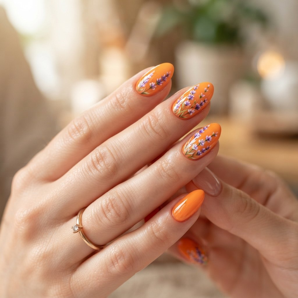 19 Orange Nails With Flowers Revealing Beautiful Floral Art Ideas 14 Orange and Lavender Flowers