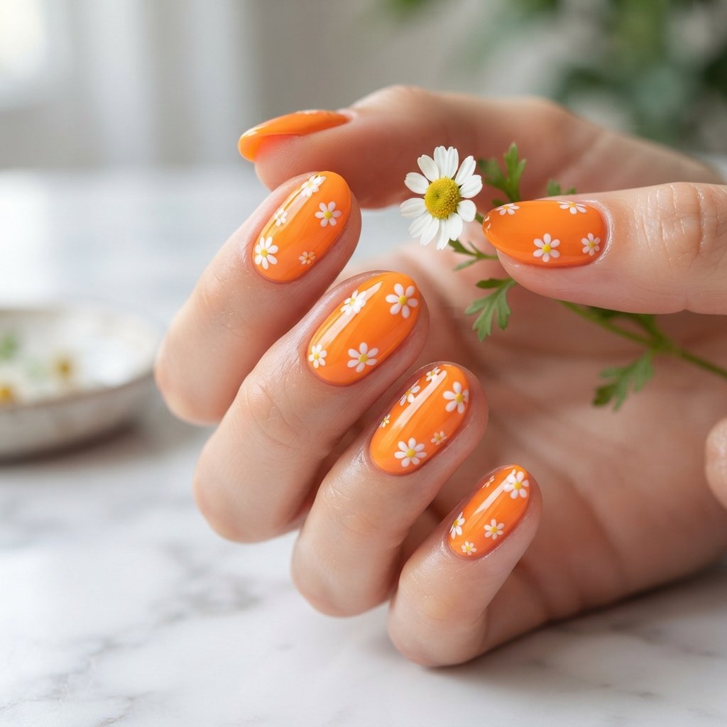 Orange Daisy Nails