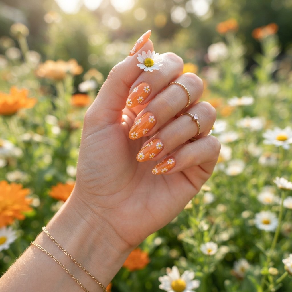 19 Orange Nails With Flowers Revealing Beautiful Floral Art Ideas 12 Orange Daisy Garden