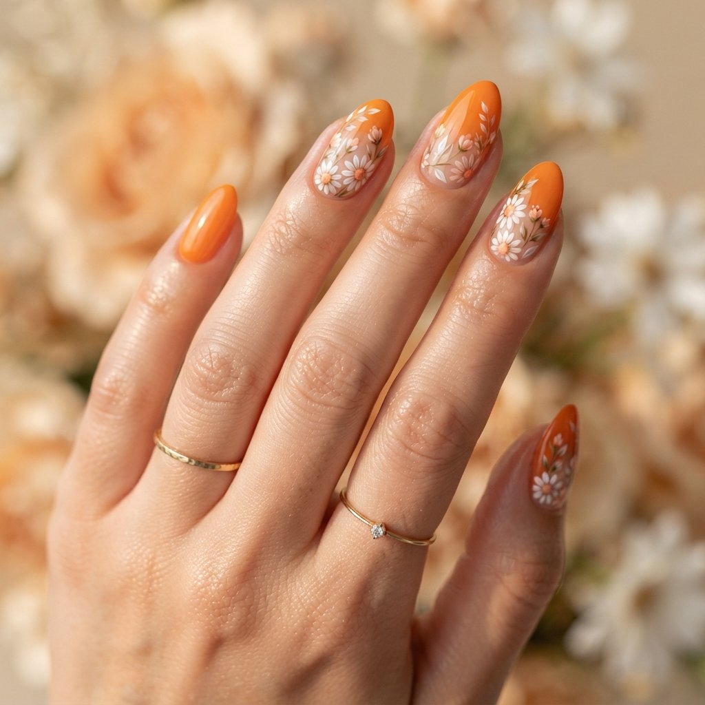 19 Orange Nails With Flowers Revealing Beautiful Floral Art Ideas 20 Classic Orange Floral Nails