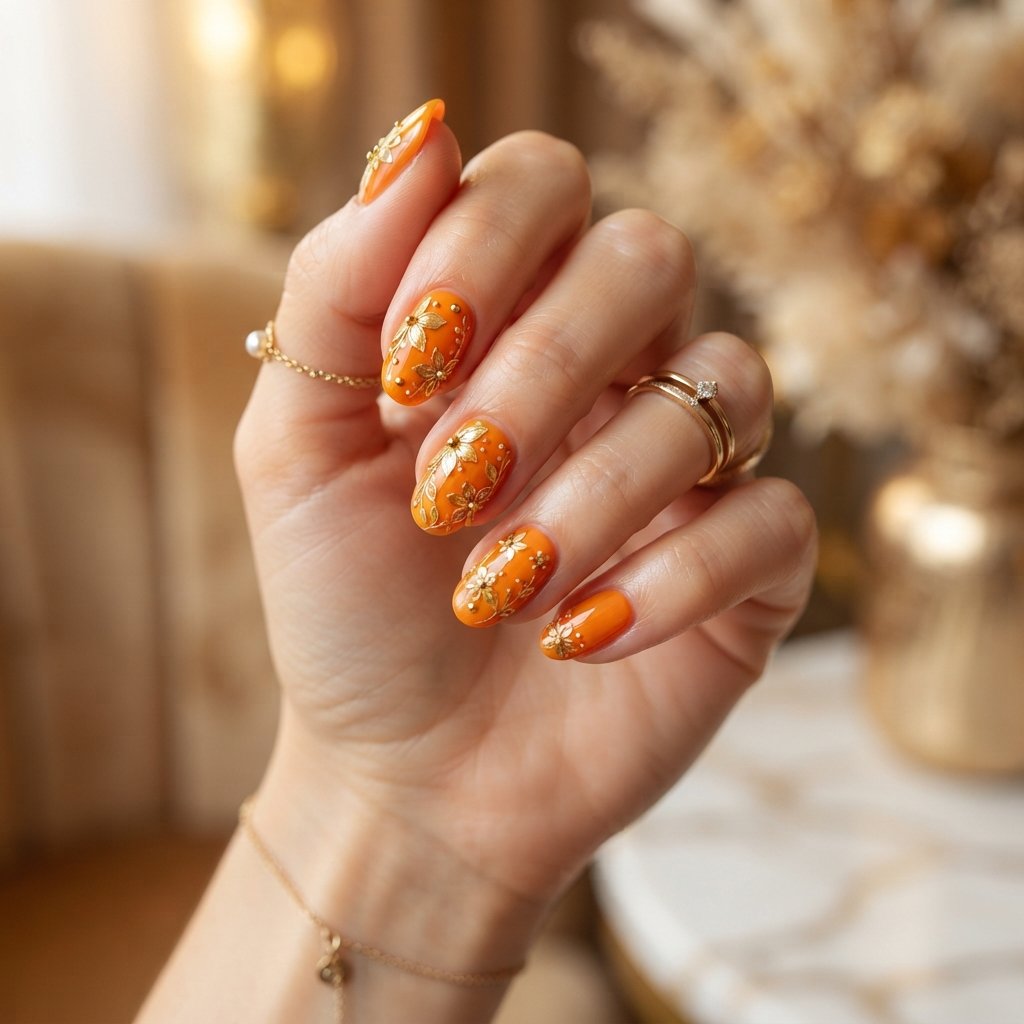 19 Orange Nails With Flowers Revealing Beautiful Floral Art Ideas 8 Orange and Gold Floral Art