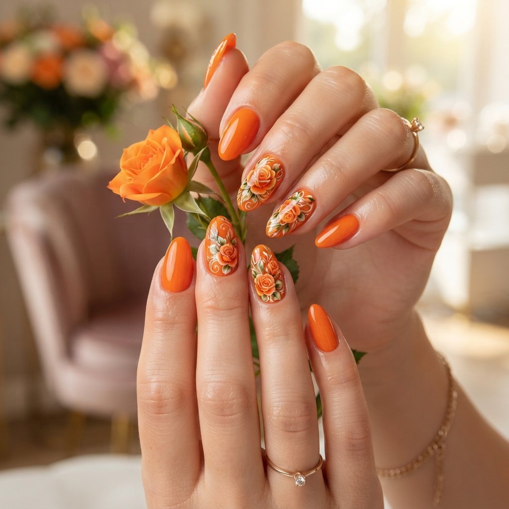 19 Orange Nails With Flowers Revealing Beautiful Floral Art Ideas 10 Orange Roses