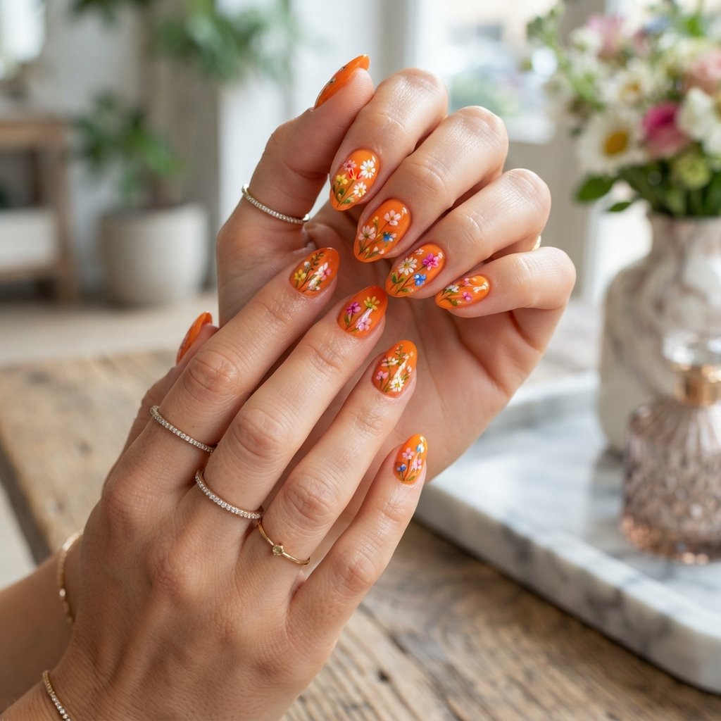 19 Orange Nails With Flowers Revealing Beautiful Floral Art Ideas 7 Tiny Wildflowers