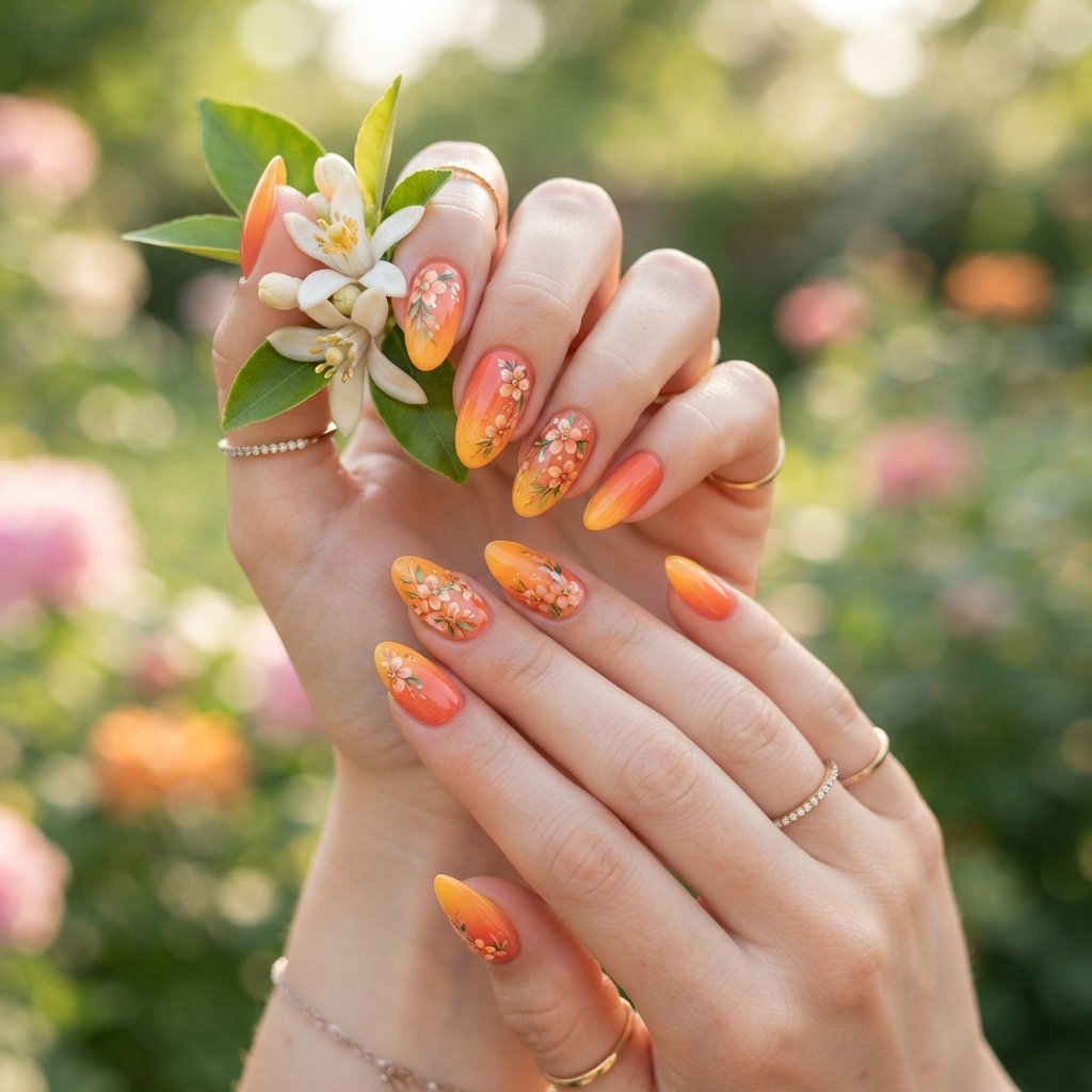19 Orange Nails With Flowers Revealing Beautiful Floral Art Ideas 6 Orange Ombre with Blossoms