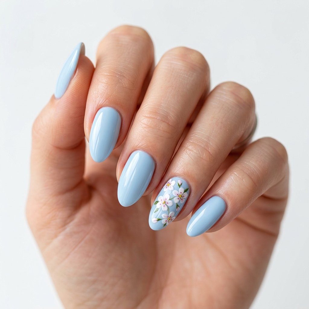17 Blue Nails With Flowers Ideas for a Soft and Elegant Manicure 6 Pastel Blue Blossom Nails