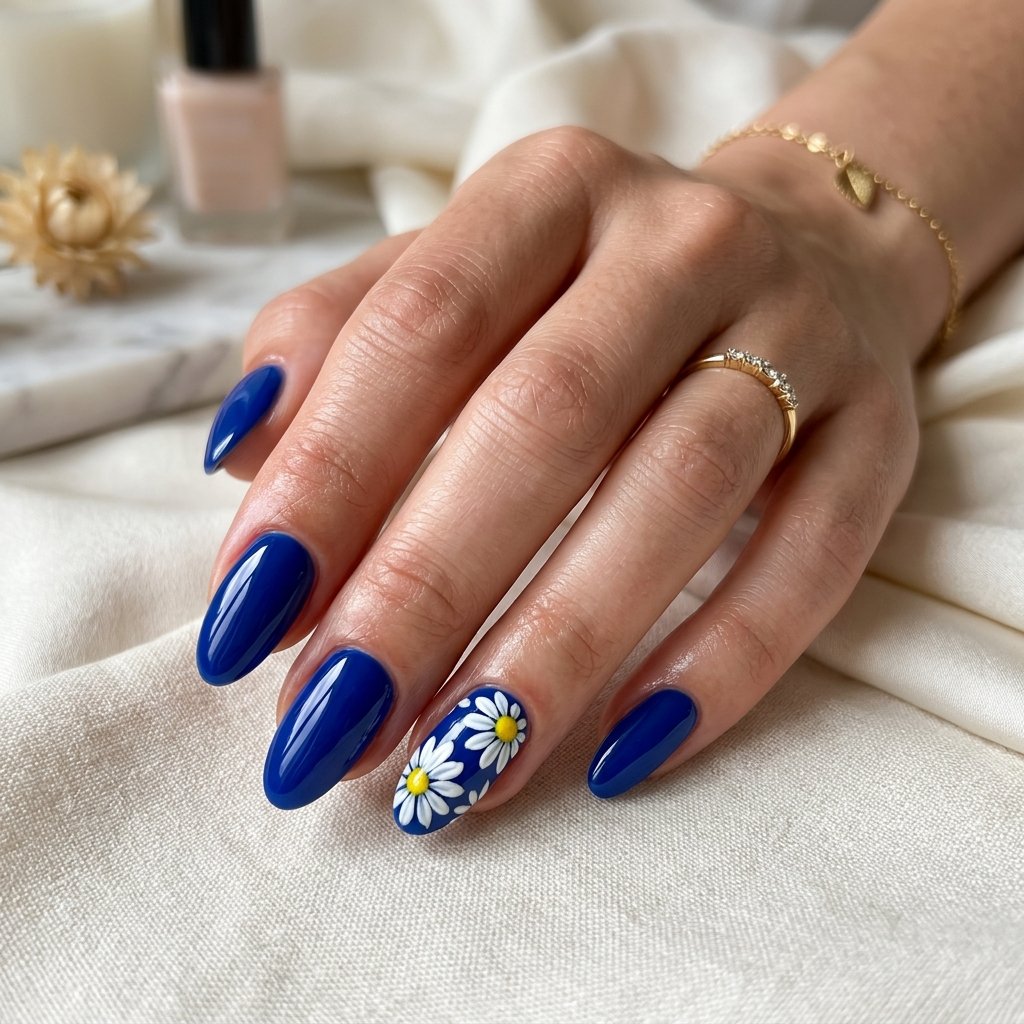 16 Blue Nails With Daisy Ideas for a Fresh Floral Manicure 4 Royal Blue Daisy Nails
