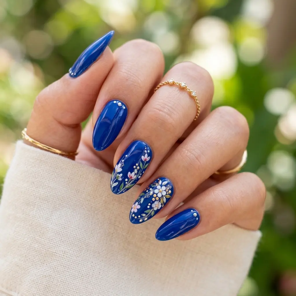 Royal Blue Floral Nails