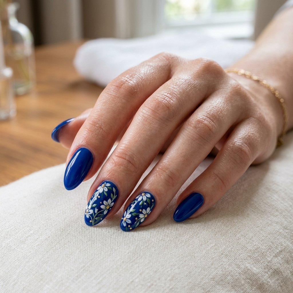 17 Blue Nails With Flowers Ideas for a Soft and Elegant Manicure 3 Royal Blue Floral Nails