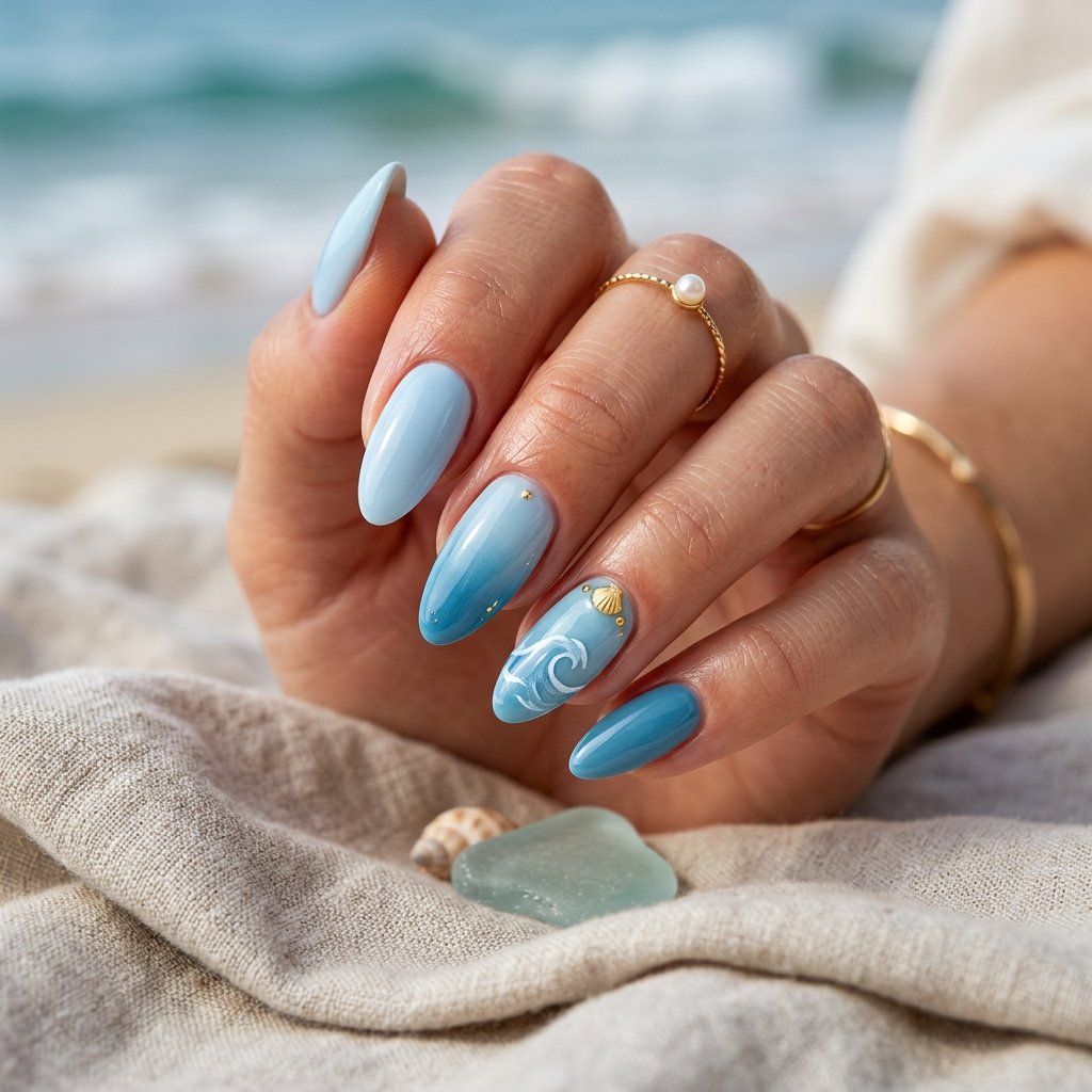 23 Blue Ocean Nails Ideas That Bring Coastal Vibes to Your Manicure 18 Soft Sky and Sea Nails