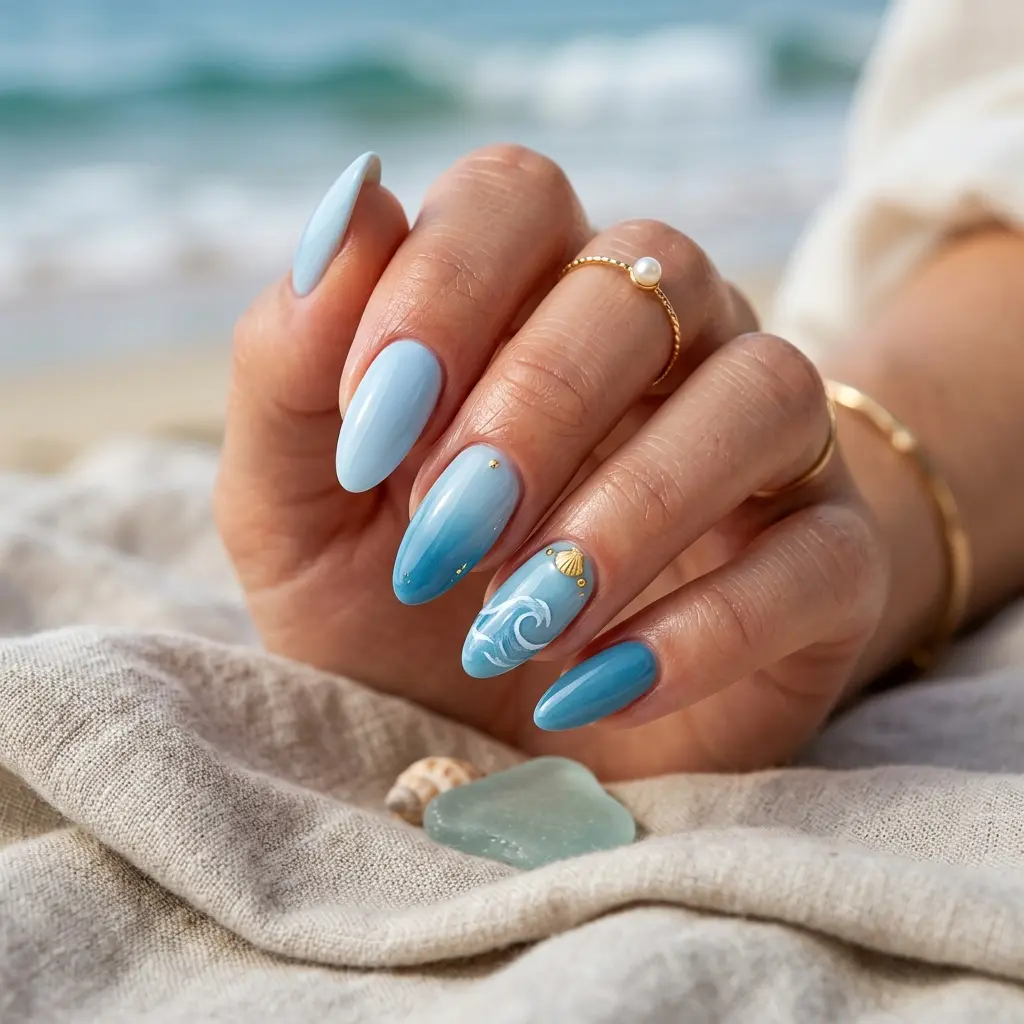 23 Blue Ocean Nails Ideas That Bring Coastal Vibes to Your Manicure 18 Soft Sky and Sea Nails