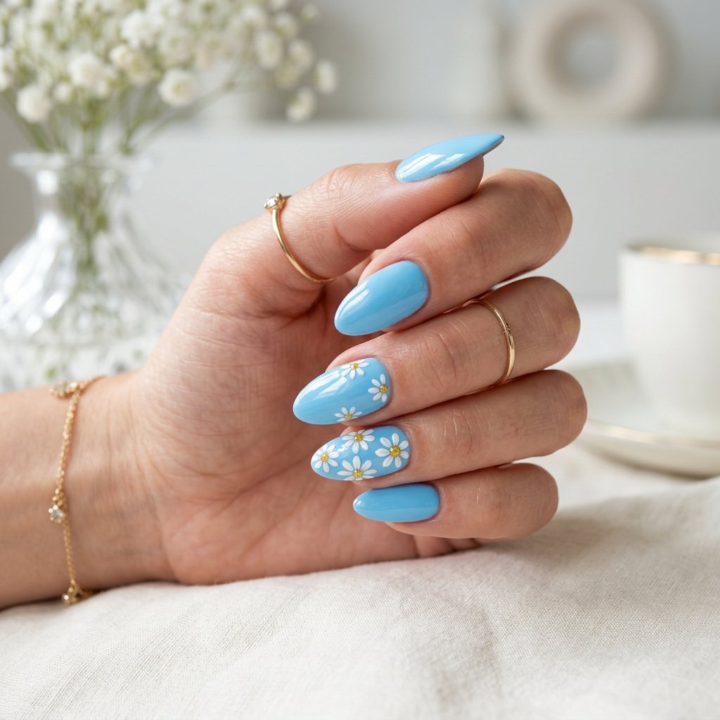 16 Blue Nails With Daisy Ideas for a Fresh Floral Manicure 3 Sky Blue Daisy Nails