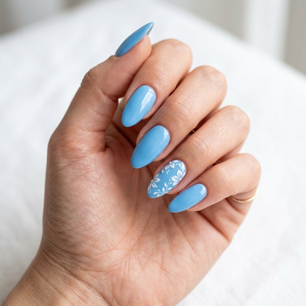 17 Blue Nails With Flowers Ideas for a Soft and Elegant Manicure 11 Sky Blue Petal Nails