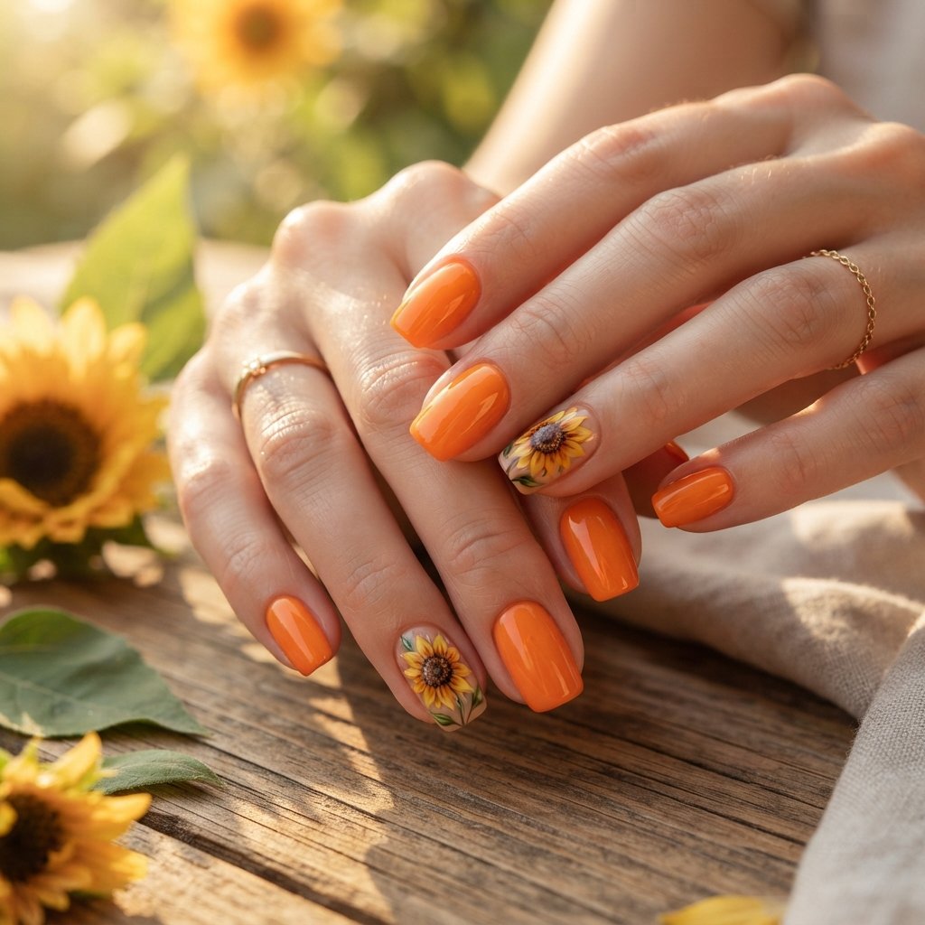 19 Orange Nails With Flowers Revealing Beautiful Floral Art Ideas 5 Sunflower Accent Nails