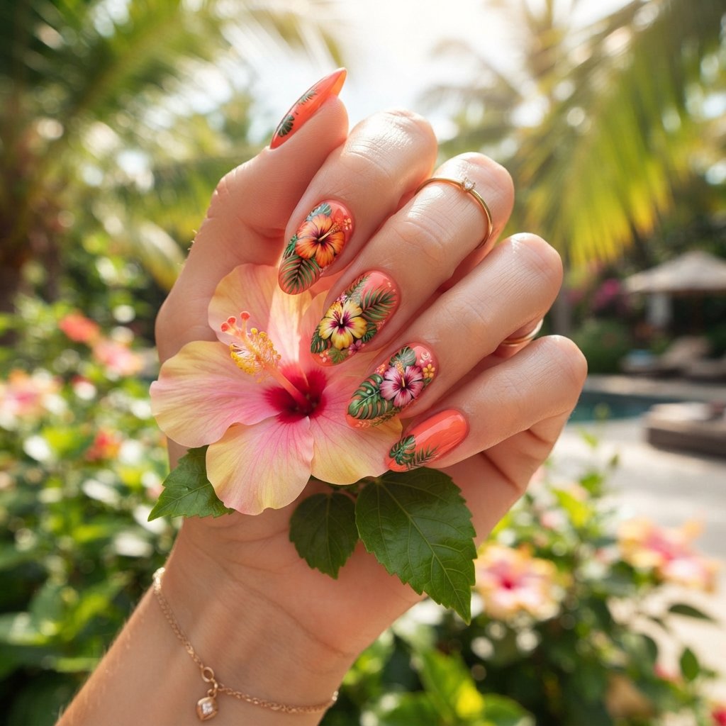 19 Orange Nails With Flowers Revealing Beautiful Floral Art Ideas 15 Tropical Floral Nails