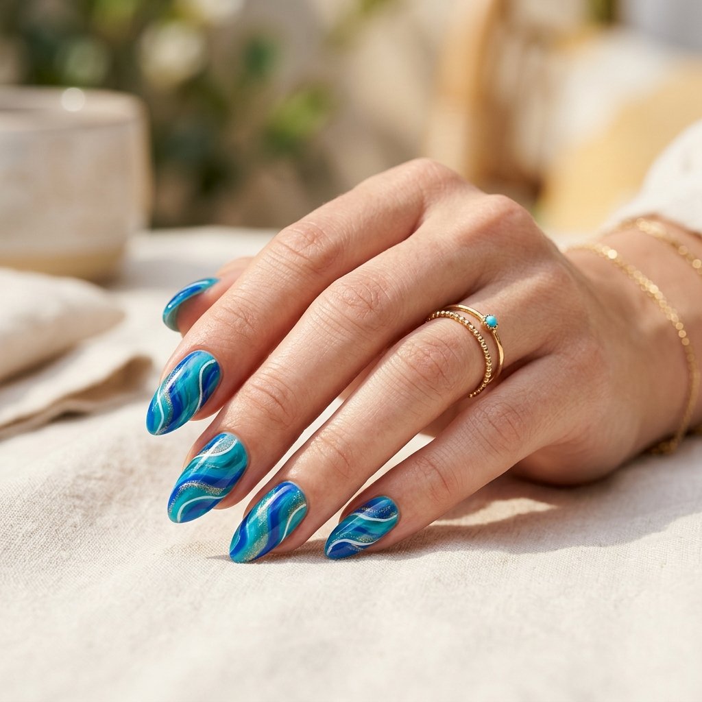 Turquoise Blue Swirl Nails