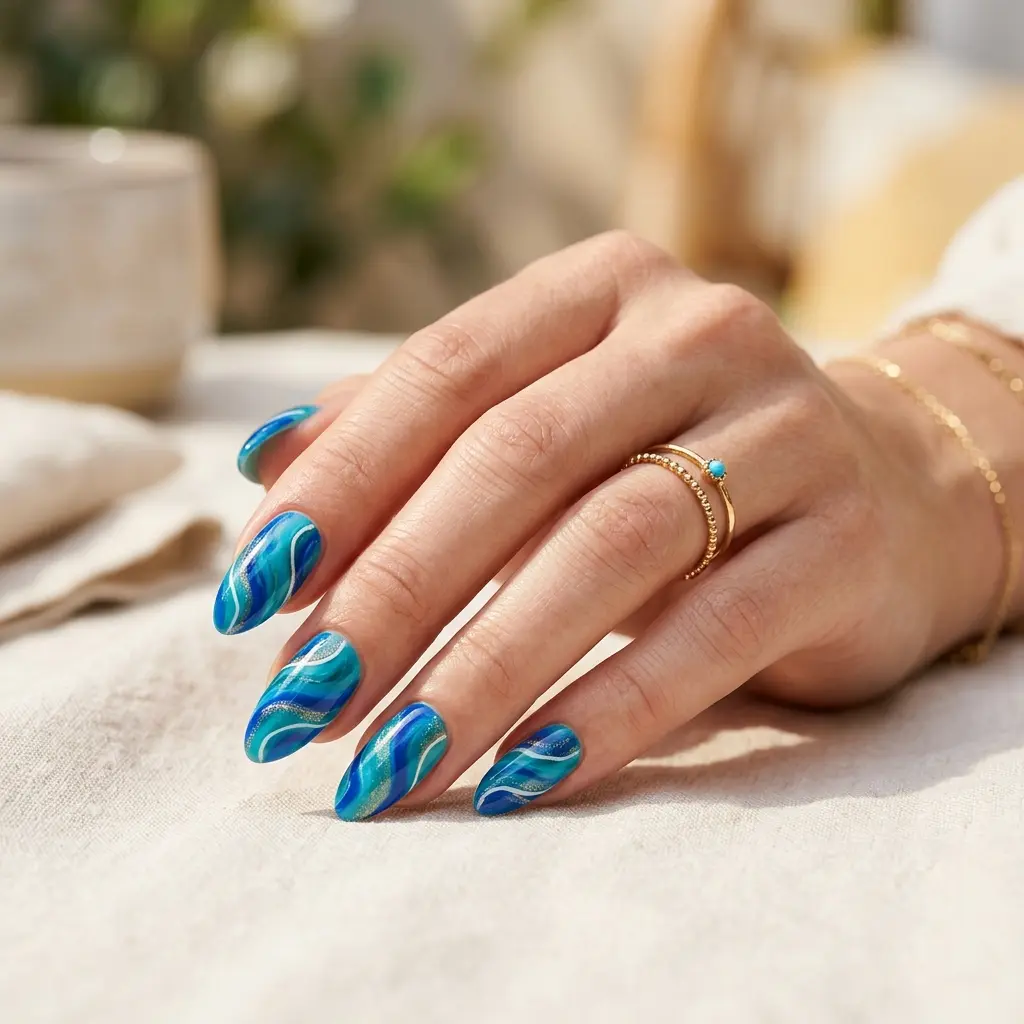 Turquoise Blue Swirl Nails