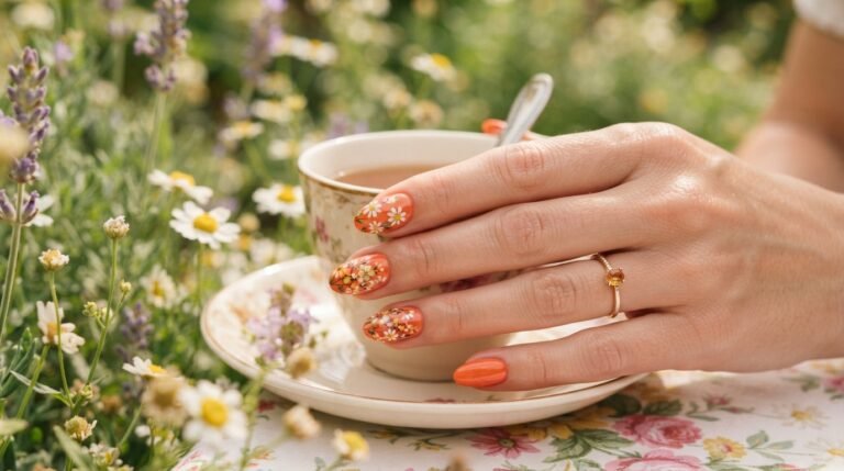 orange nails with flowers
