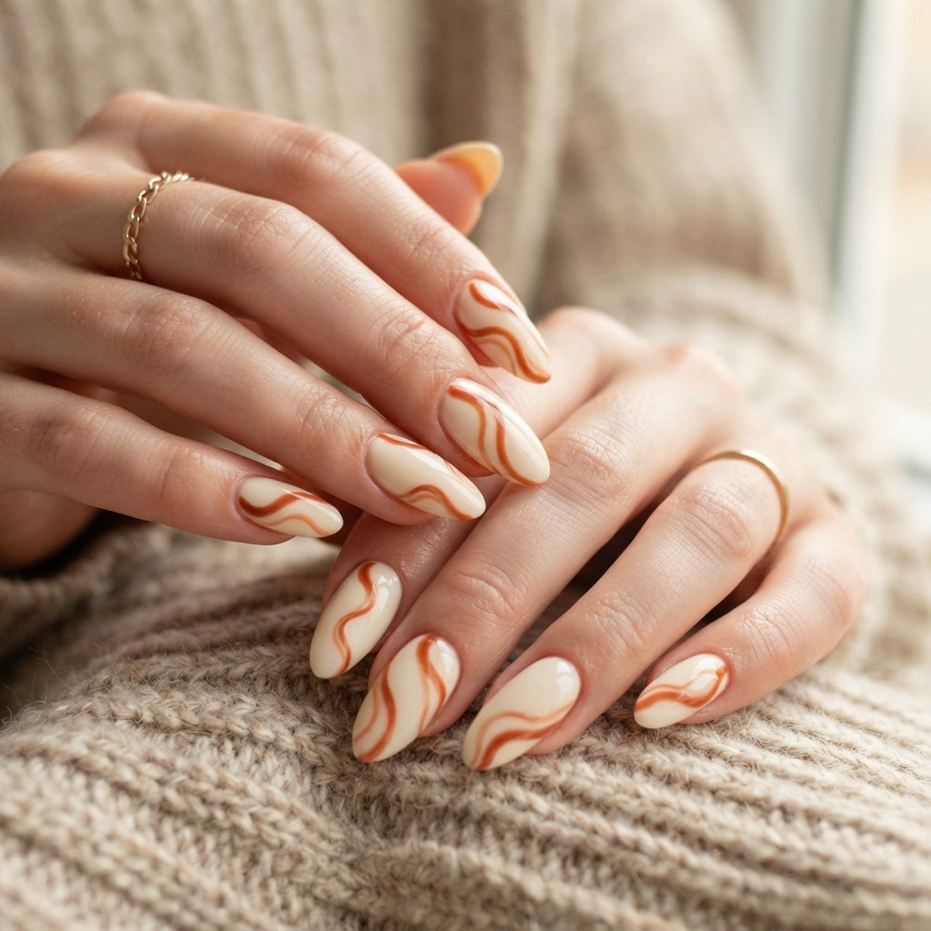 22 Long Fall Nail Designs That Turn Heads Instantly 15 Rust and Cream Swirls