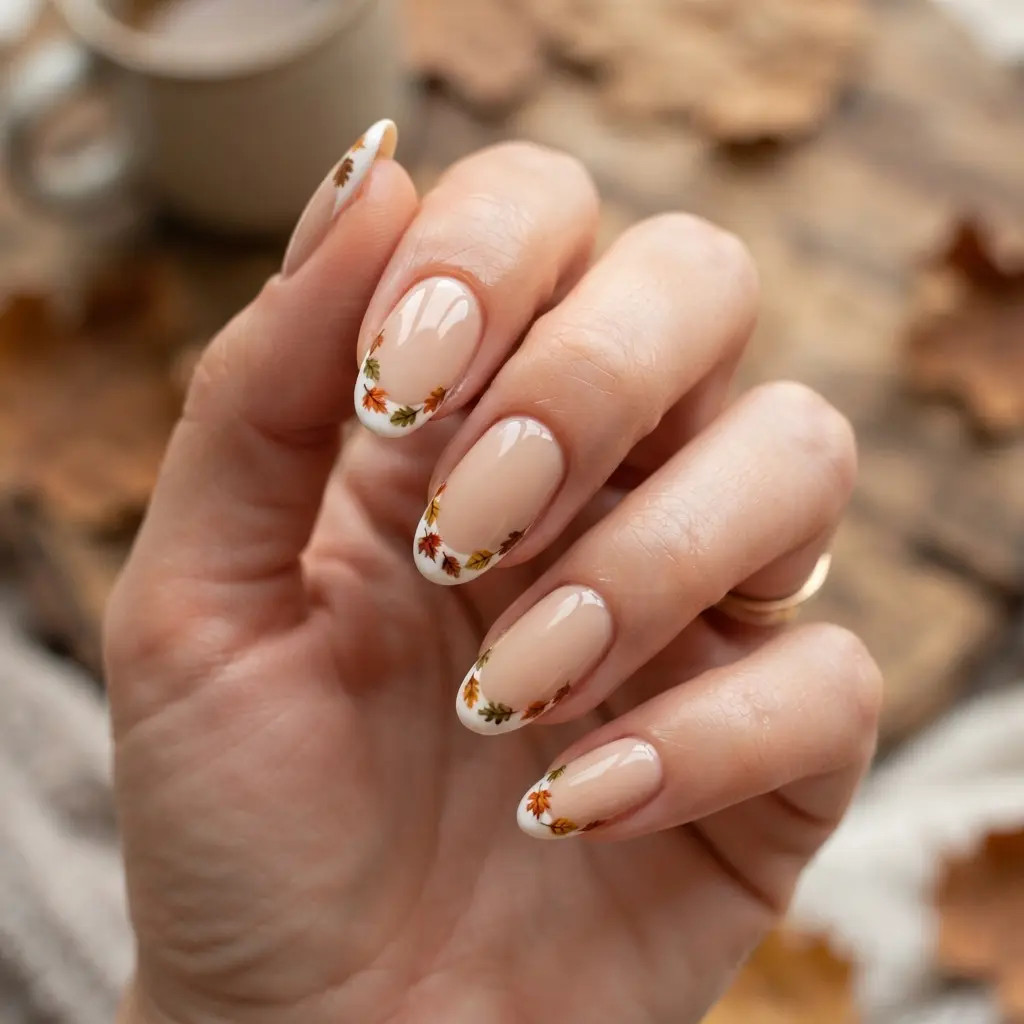 25 Summer to Fall Nail Designs Perfect for the Seasonal Transition 14 Tiny Leaf French Tips