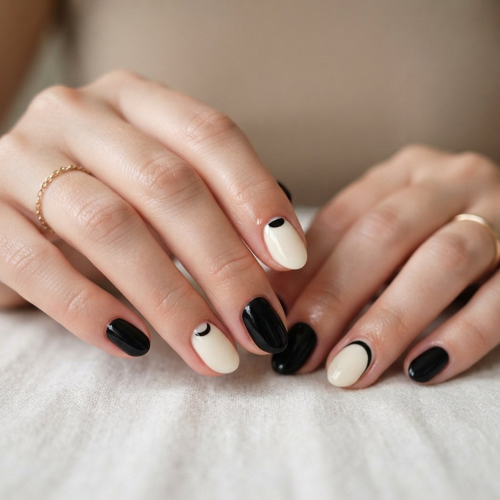 Glossy Black And Cream Nails