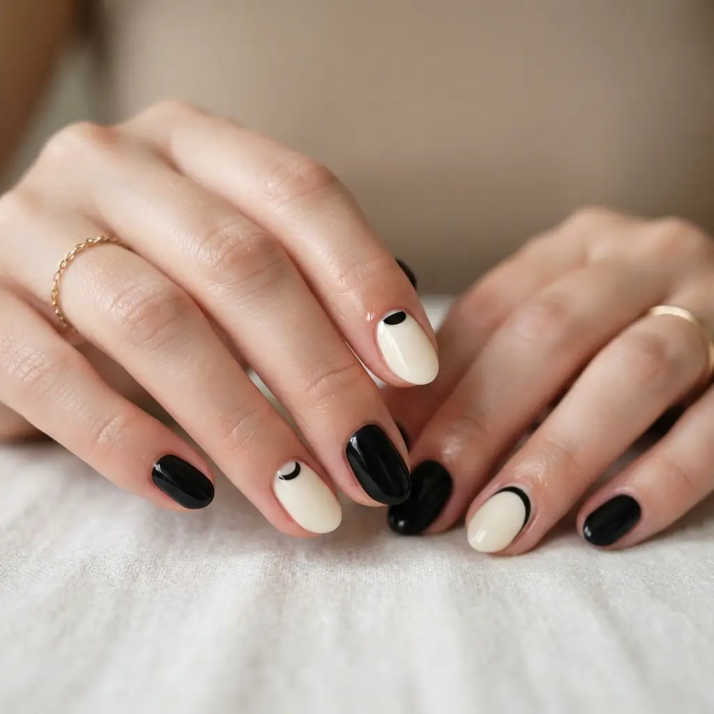  Glossy Black And Cream Nails