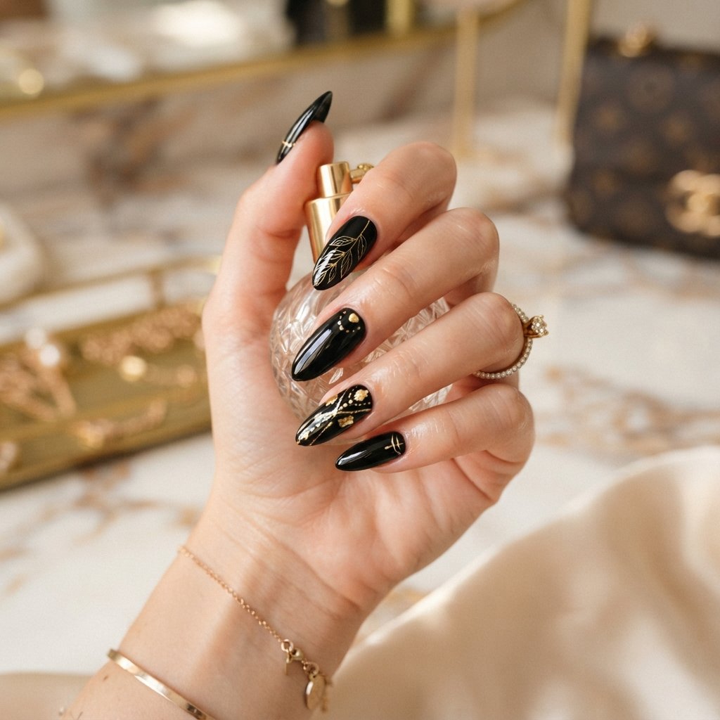 27 Long Almond Nails That Make a Stunning Statement 21 Black And Gold Long Almond Nails