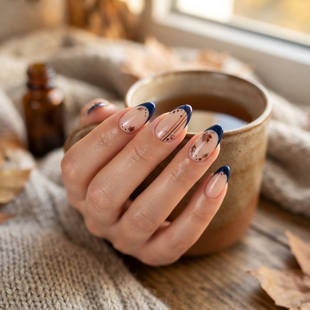 26 Blue Fall Nail Designs That Bring a Fresh Twist to Autumn 21 Blue French With Brown Details