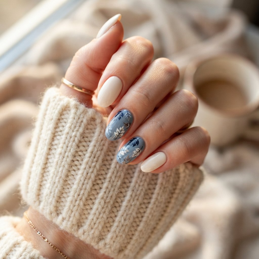 26 Blue Fall Nail Designs That Bring a Fresh Twist to Autumn 23 Blue Leaf Nail Art