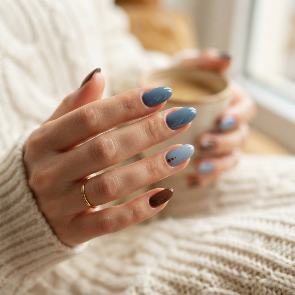 26 Blue Fall Nail Designs That Bring a Fresh Twist to Autumn 4 Blue And Brown Nails