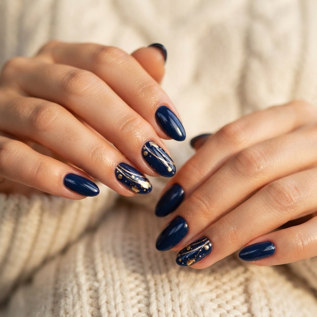 26 Blue Fall Nail Designs That Bring a Fresh Twist to Autumn 7 Blue And Gold Accent Nails