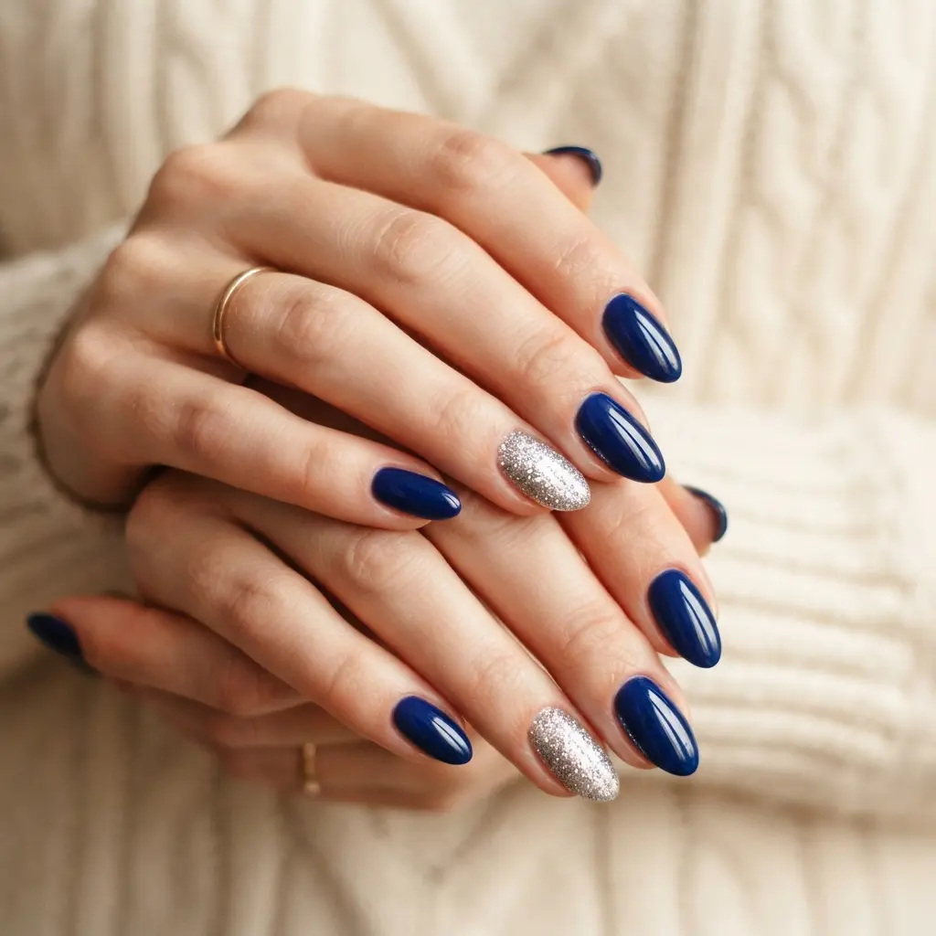 Blue And Silver Glitter Nails