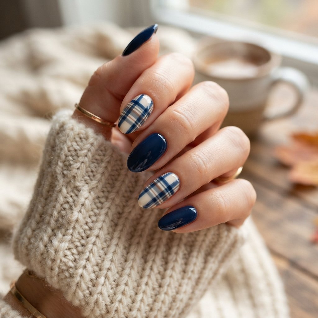 26 Blue Fall Nail Designs That Bring a Fresh Twist to Autumn 12 Blue Plaid Nails