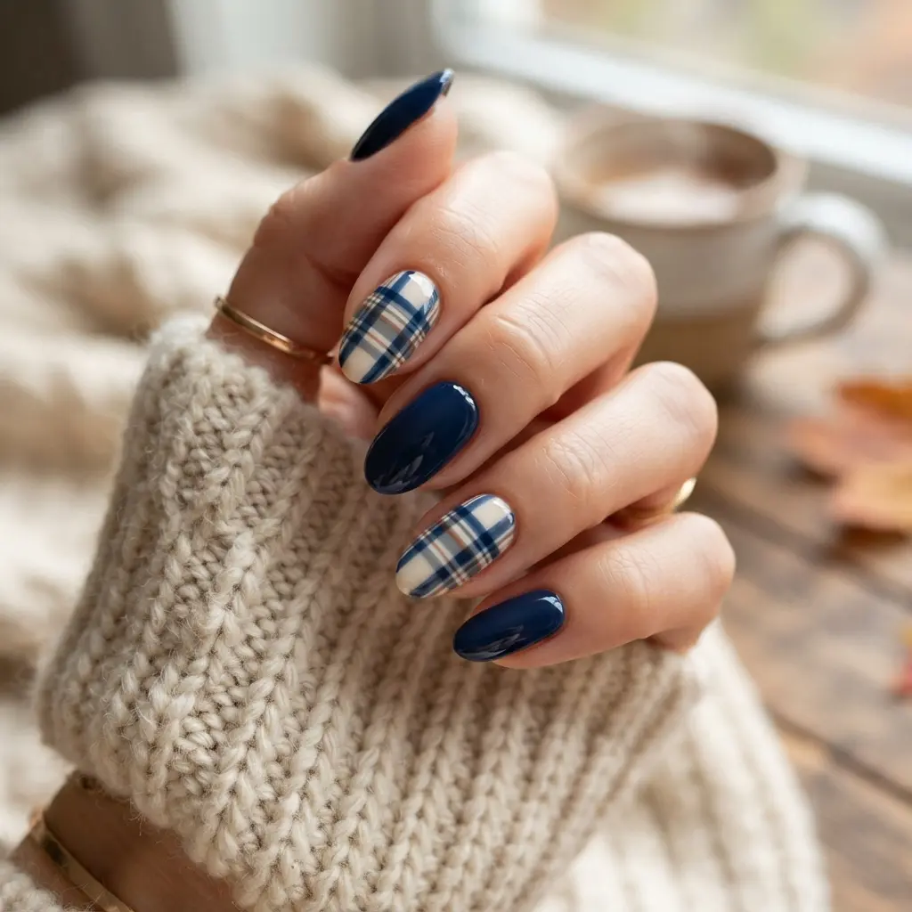 Blue Plaid Nails