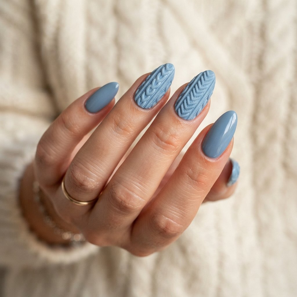 26 Blue Fall Nail Designs That Bring a Fresh Twist to Autumn 26 Blue Sweater Texture Nails