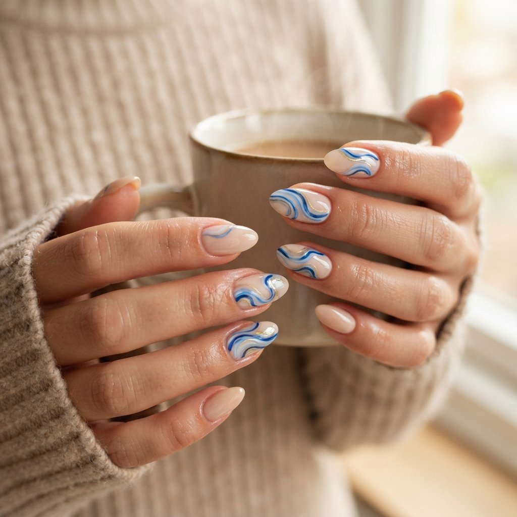 26 Blue Fall Nail Designs That Bring a Fresh Twist to Autumn 10 Blue Swirl Nails