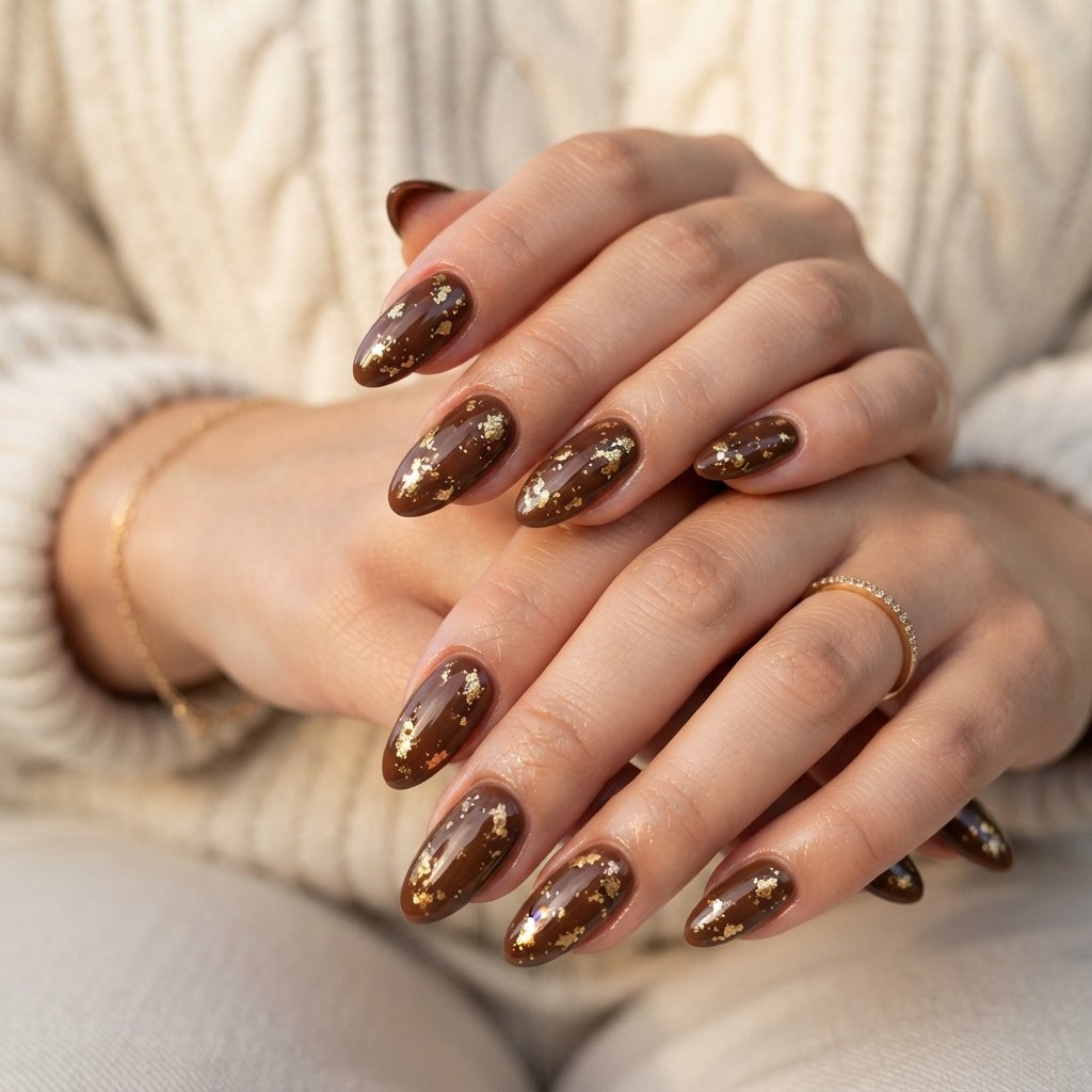 22 Long Fall Nail Designs That Turn Heads Instantly 22 Gold Flake Brown Nails