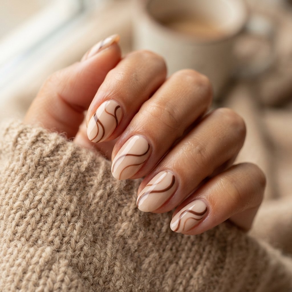 Short Almond Nails With Brown Swirls