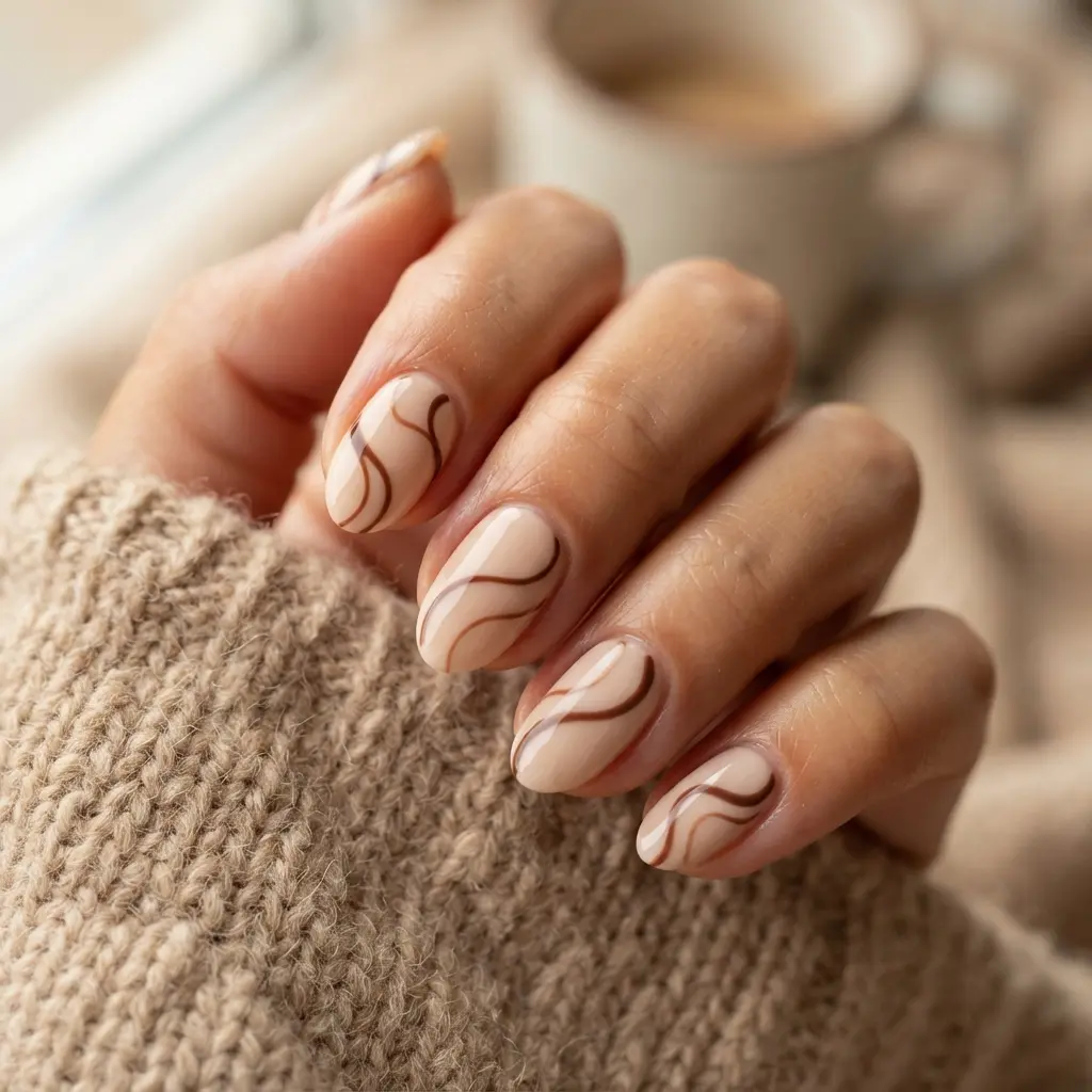 Short Almond Nails With Brown Swirls