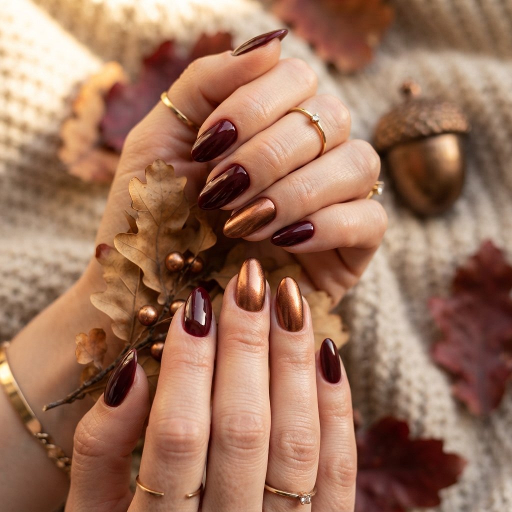 23 Burgundy Fall Nail Designs That Never Go Out of Style 21 Burgundy and Bronze Blend