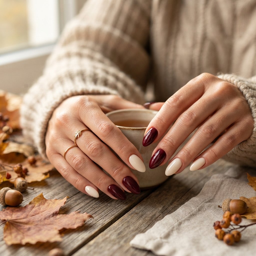 23 Burgundy Fall Nail Designs That Never Go Out of Style 13 Burgundy and Cream Mix
