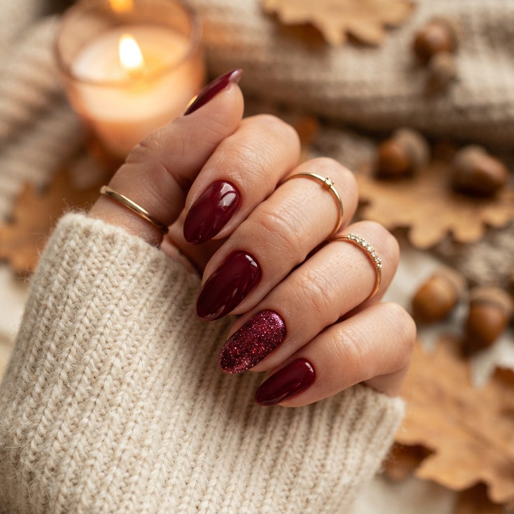 23 Burgundy Fall Nail Designs That Never Go Out of Style 12 Burgundy Glitter Accent