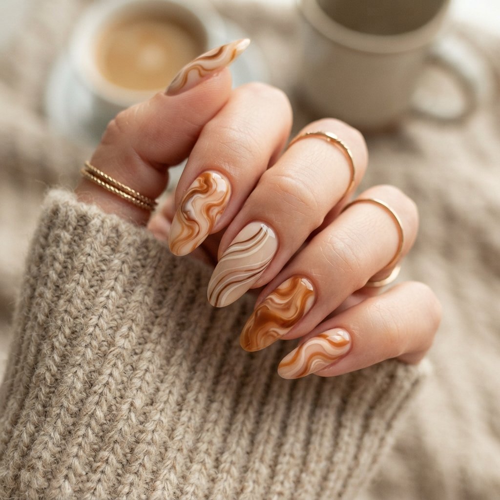 22 Long Fall Nail Designs That Turn Heads Instantly 5 Caramel Swirl Nails