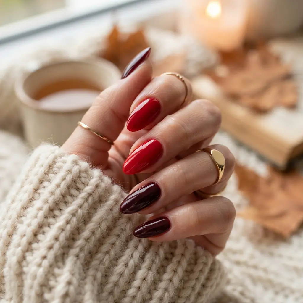 29 Red Fall Nail Designs That Make a Bold Statement 22 Cherry and Burgundy Mix