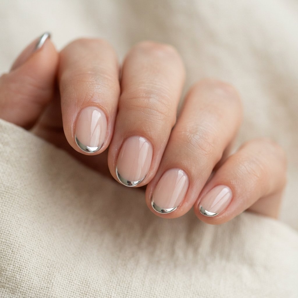Short Almond Nails With Chrome Tips