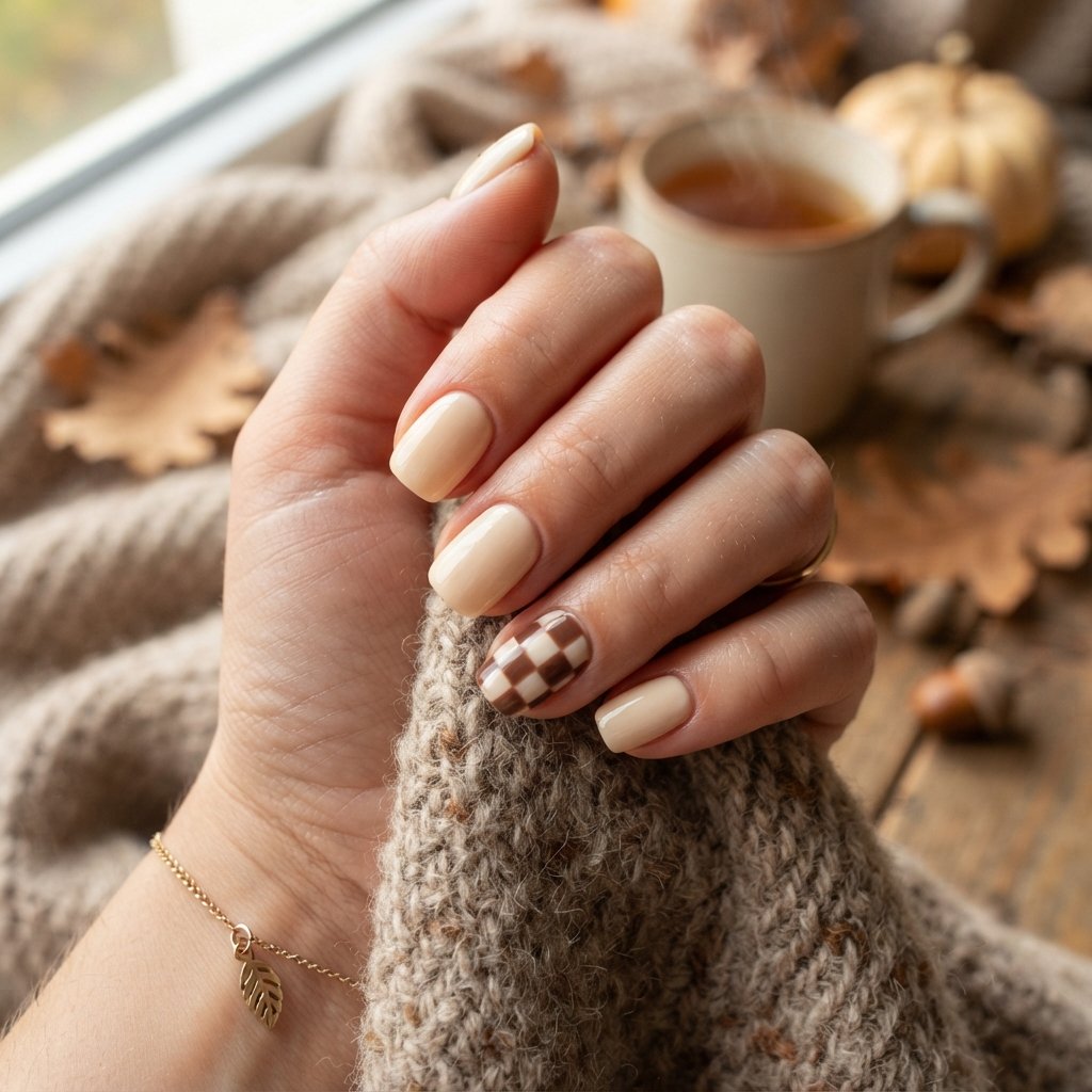 22 Cute Fall Nail Designs Everyone Will Love 10 Cream and Brown Checkerboard